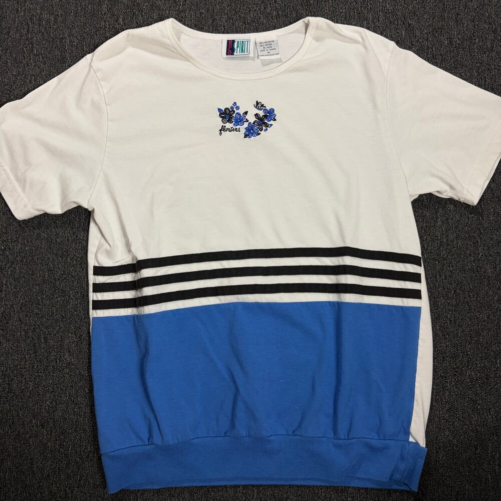 Vintage Y2k Blue White Embroidered Flowers Striped Graphic Tee Women's Medium